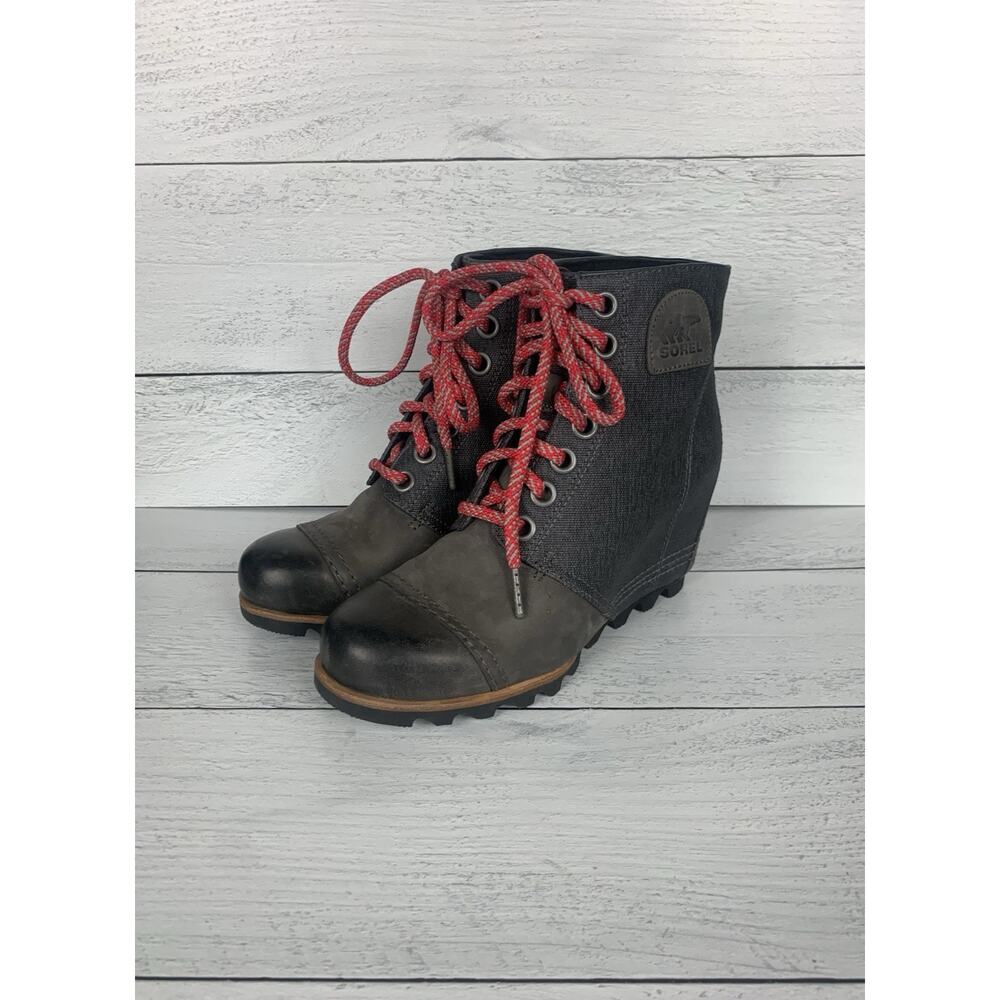 Sorel Women's Size 7 Gray Canvas Leather Pink PDX Wedge Boots Shoes NL2796-089
